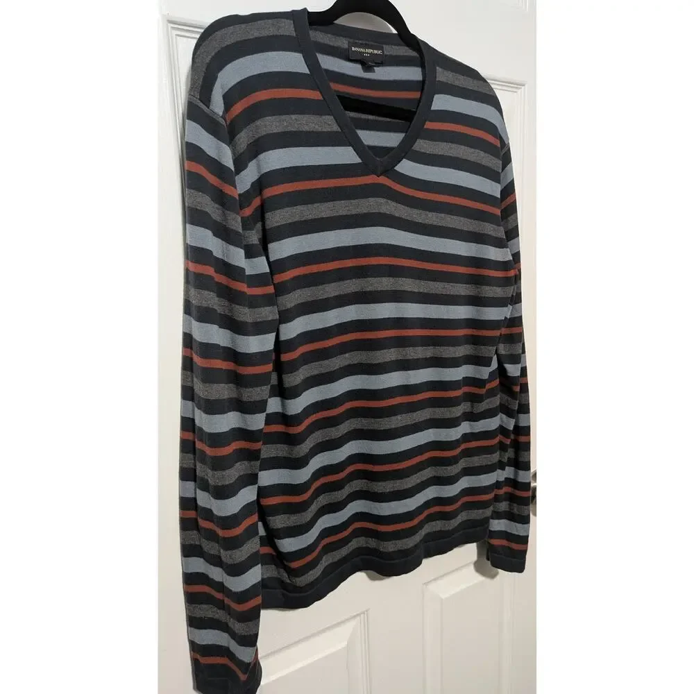 Banana Republic Men's V Neck Striped Sweater Gray Blue Rust Orange Size Medium